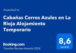 Certifikat, nagrada, znak ali drug dokument, ki je prikazan v nastanitvi Cabañas Cerros Azules en La Rioja Alojamiento Temporario