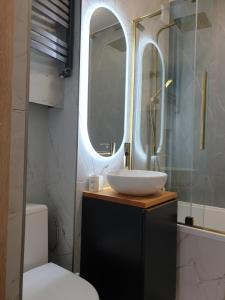 a bathroom with a sink and a toilet and a mirror at Apartament Kościuszki Iława in Iława