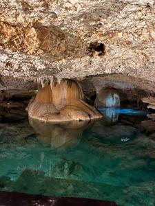 una piscina de agua con una cueva de roca en Malakai Hostel, en Tulum