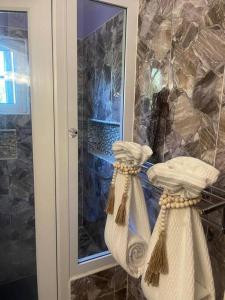 La salle de bains est pourvue d'une douche avec une porte en verre. dans l'établissement The Manor Deluxe Suite, à Ocho Rios