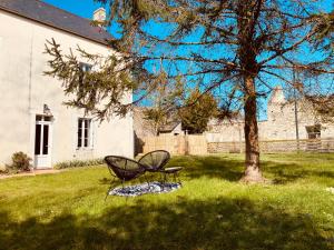 una silla sentada en el césped junto a un árbol en Maison au cœur d'une ancienne ferme à BAYEUX, en Monceaux-en-Bessin