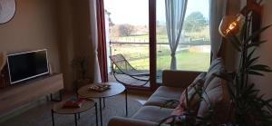 a living room with a couch and a large window at Lanzada Apartments in Sanxenxo
