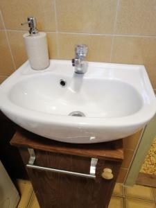 a white sink sitting on a wooden stand in a bathroom at Comfy and central in Bohinj