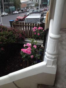 a bunch of pink flowers on a white railing at Ponsonby Boutique Villa with Private Gym in Auckland