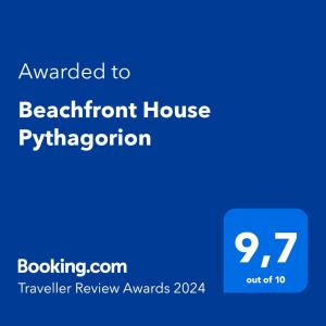 Un certificat, premiu, logo sau alt document afișat la Beachfront House Pythagorion