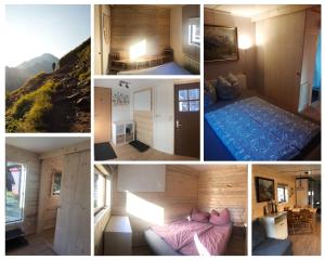 a collage of pictures of a room with a bed at Mountainview Lodge - Chalet im Zillertal direkt am 5 Sterne Campingplatz Aufenfeld mit Hallenbad und Sauna in Aschau