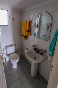 ein Badezimmer mit einem Waschbecken, einem WC und einem Spiegel in der Unterkunft Your Spot West Peloponnese in Zakharo