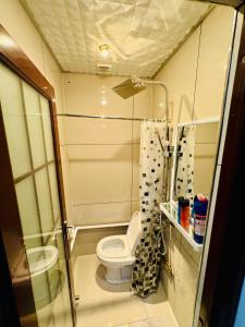 a small bathroom with a toilet and a shower at The Great Falcon Accommodation in London