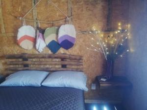 1 dormitorio con 1 cama y algunas almohadas en la pared en Cabañas Miranda en La De