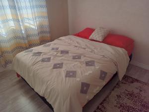 1 dormitorio con 1 cama grande con almohadas rojas en Caribb Home and Taxi Service, en Bridgetown