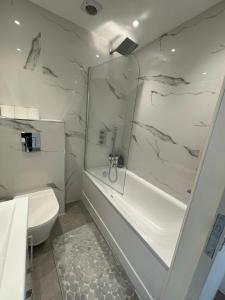 a white bathroom with a shower and a toilet at Stunning Flat - Close Kings Cross - Free Wi-Fi in London