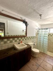 La salle de bains est pourvue de toilettes, d'un lavabo et d'un miroir. dans l'établissement Casa de playa, en isla, frente al mar y canal, à Iztapa