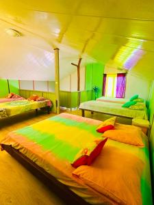 - une chambre avec 2 lits verts et jaunes dans l'établissement Teraupoo Lodge Chalet, à Afareaitu
