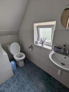 een witte badkamer met een toilet en een wastafel bij Holiday House Vitejte doma in Lampertice