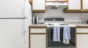 eine Küche mit einem Herd und einem Kühlschrank in der Unterkunft Landing Modern Apartment with Amazing Amenities (ID7025X65) in Cincinnati