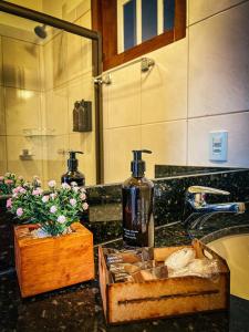 a bathroom counter with a sink and a bottle of soap at Pousada do Gentil in Tiradentes