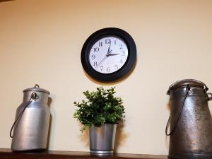 um relógio numa parede com dois vasos e uma planta em Casa Rural TioMoreno by Naturadrada em La Adrada