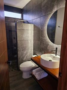 a bathroom with a sink and a toilet and a mirror at Cabaña Syrah en Tapalpa in Tapalpa +17 photos
