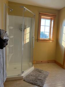 a bathroom with a glass shower with a rug at Tides Inn Guest Suites in Halls Harbour