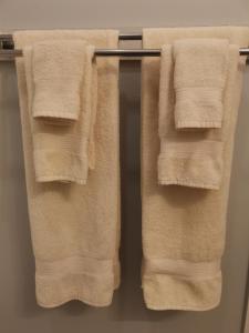 three towels hanging on a towel rack in a bathroom at Coquihalla Motel in Hope