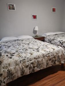 two beds in a bedroom with a bedspread with flowers at Coquihalla Motel in Hope