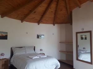 Schlafzimmer mit einem Bett und einem Spiegel in der Unterkunft Huaraz Lodge and Bungalows in Huaraz