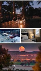 een collage van foto's met wijnglazen en de maan bij Hamptons House Mudgee -Lux Stays in Mudgee