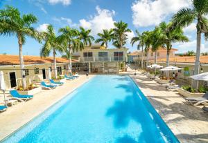 - une piscine bordée de chaises et de palmiers dans l'établissement DeLynne Resort Curaçao, à Willemstad