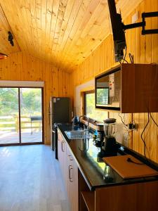 cocina con paredes de madera y techo de madera en Cabañas Kalinaw en Las Trancas