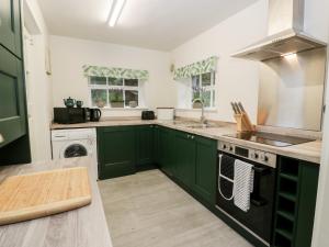 a kitchen with green cabinets and a sink at Gate Lodge - Threave Estate in Castle Douglas
