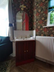 a bathroom with a sink and a mirror at William Morris, Spacious ground floor lux double bedroom in Bexhill