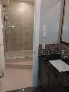 a bathroom with a shower and a sink and a shower at King guest apartment in Ottawa