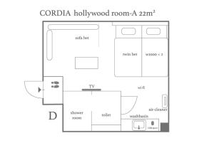 un plan de sol d'une chambre en bois hollywoodien dans l'établissement Hotel Cordia Osaka, à Osaka