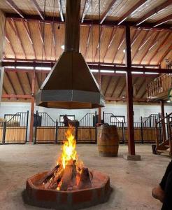 un foyer extérieur dans un bâtiment avec une lampe suspendue dans l'établissement Rancho.JC, à Colbún