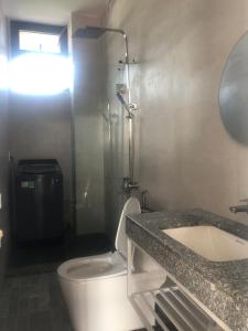 La salle de bains est pourvue de toilettes blanches et d'un lavabo. dans l'établissement miniHomestay green view - 3 room - 1 fan & 1 AC & 1 AC and bathtub - Ea Kar - Dak Lak, à Buôn Mhang