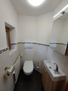 ein weißes Bad mit einem WC und einem Waschbecken in der Unterkunft Ferienwohnungen Kilianmühle in Berchtesgaden