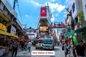 a busy city street with people walking and a truck at -0 meter to station- Tokyo, Asakusa, Ueno, Skytree tower and Akihabara entire house for 14 guests -駅まで0メートル- 東京 浅草 上野 スカイツリー 秋葉原一棟貸切14名様 in Tokyo