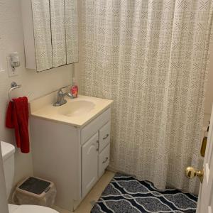 a bathroom with a sink and a shower curtain at Nearby Beach House in El Segundo