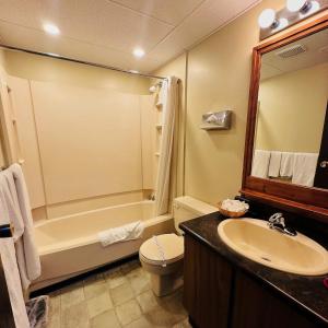 een badkamer met een bad, een toilet en een wastafel bij Capri Motor Inn in Smithers