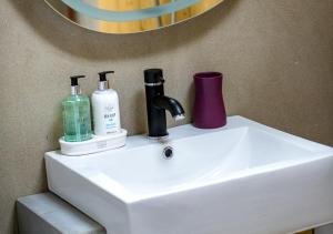 a bathroom sink with two bottles and a mirror at Cysgu Llwynog in Llannor