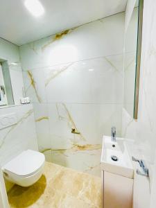 łazienka z toaletą i umywalką w obiekcie YS Apartments e.U. w mieście Marchtrenk