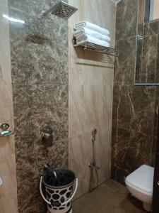 a bathroom with a toilet and a sink and a shower at Maruti Group of Hotels - Shri Naman in Nāthdwāra