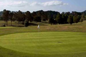 un campo de golf con bandera en un campo verde en Luxury Country retreat en Cooks Beach