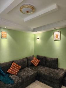 - un canapé dans un salon aux murs verts dans l'établissement Wanderlust Haven, à Thika