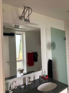 een badkamer met een wastafel en een grote spiegel bij Cottage Near Scandinavias Finest Golf Courses in Nimtofte