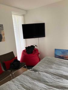 una camera con letto, sedia e TV a schermo piatto di Cottage Near Scandinavias Finest Golf Courses a Nimtofte