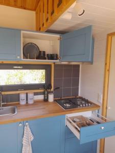 Il comprend une petite cuisine avec une cuisinière et des armoires bleues. dans l'établissement Tiny House 'la Huerta', à Montroy