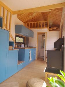 une grande cuisine avec des armoires bleues dans une maison dans l'établissement Tiny House 'la Huerta', à Montroy