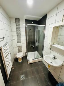 a bathroom with a shower and a toilet and a sink at HOTEL MINERO in Tuzla