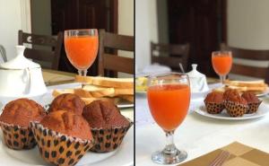dos fotos de magdalenas y dos vasos de zumo de naranja en Lucky Prince Villa, en Aluthgama